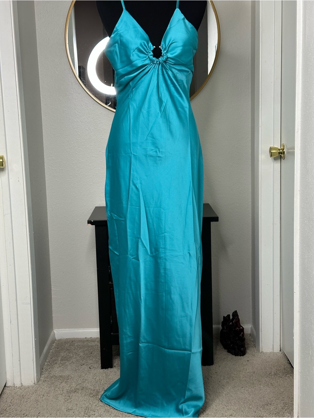 Turquoise Satin Maxi Slip Dress with Front Ring Detail